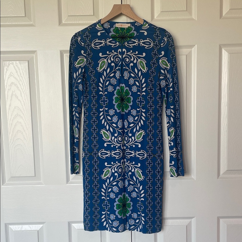 Tory Burch Blue Dress with Green and White Pattern